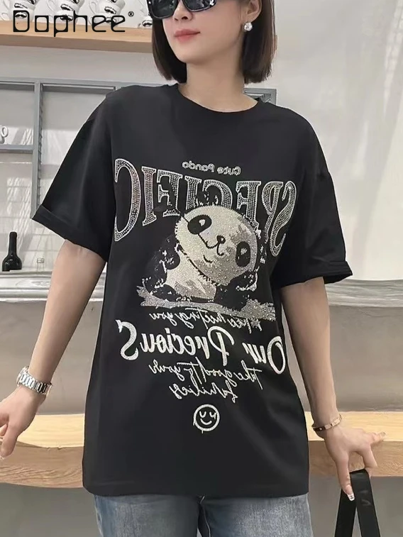 

European Goods Heavy Hot Drilling Cartoon Crew Neck Cotton Black T-shirt 2024 Summer Loose Mid-Length Panda Top Women Clothing