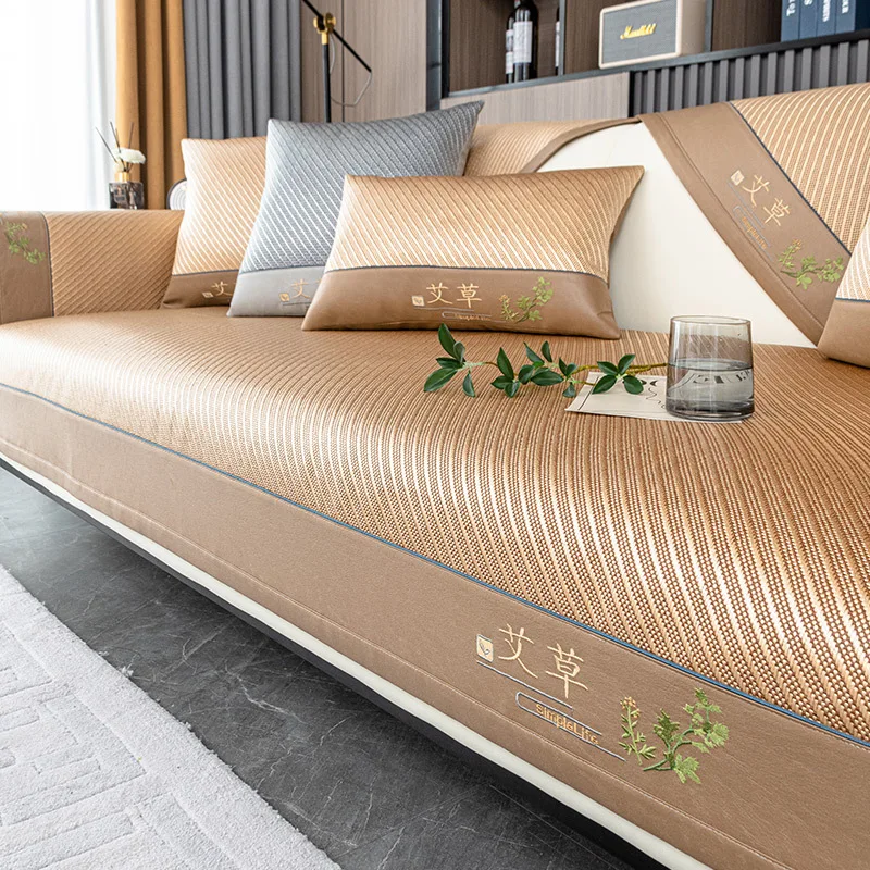 Ice Vine Wormwood Cooling Sofa Cover with Strap Cozy Non-Slip Sofa Cover for Summer Anti-Scratch Furniture Protection Slipcover