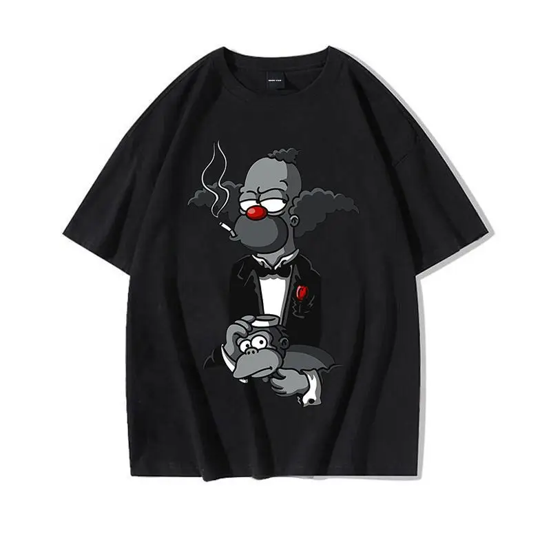 Summer Simpsons Clown Krusty Collaborates with Godfather Print T-shirt for Men, Casual Summer Pure Cotton Short-sleeved Trend