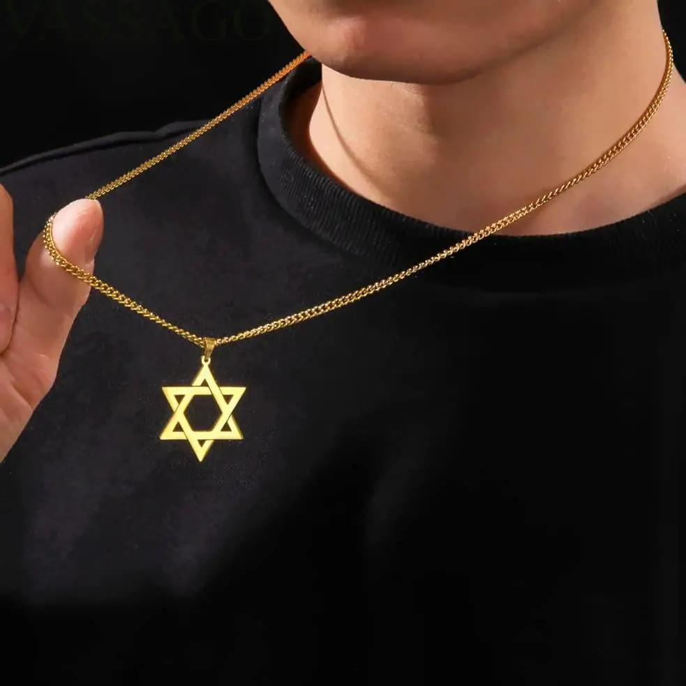 VASSAGO Star of David Pendant Necklace Solomon Six-Pointed Star Talisman Stainless Steel Hexagram Jewish Israel Jewelry for Men