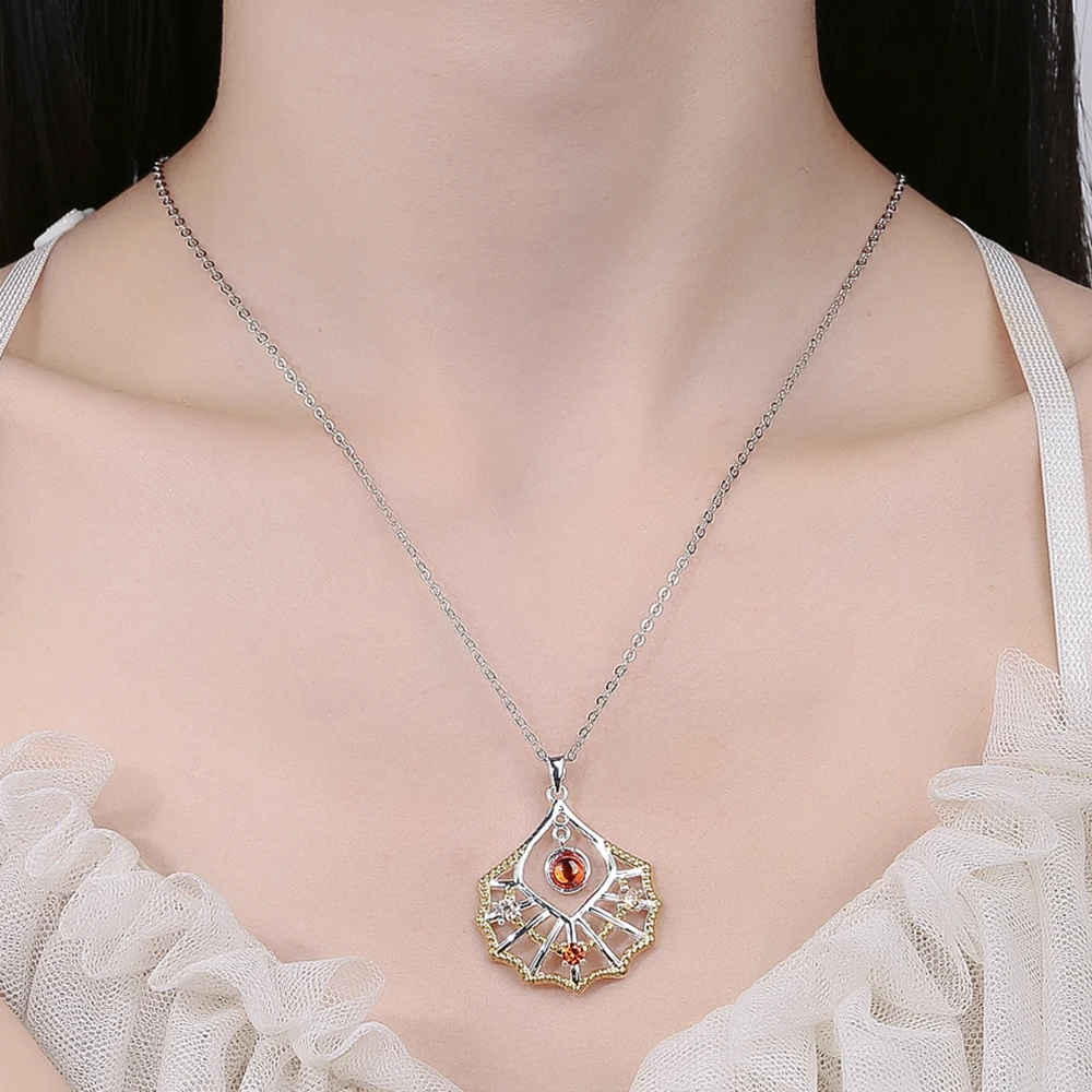 Beautiful Hollow Design with Orange+Champagne Cubic Zircon 55+5CM Long Chain Big Spider web 2 Tone pendant Necklace