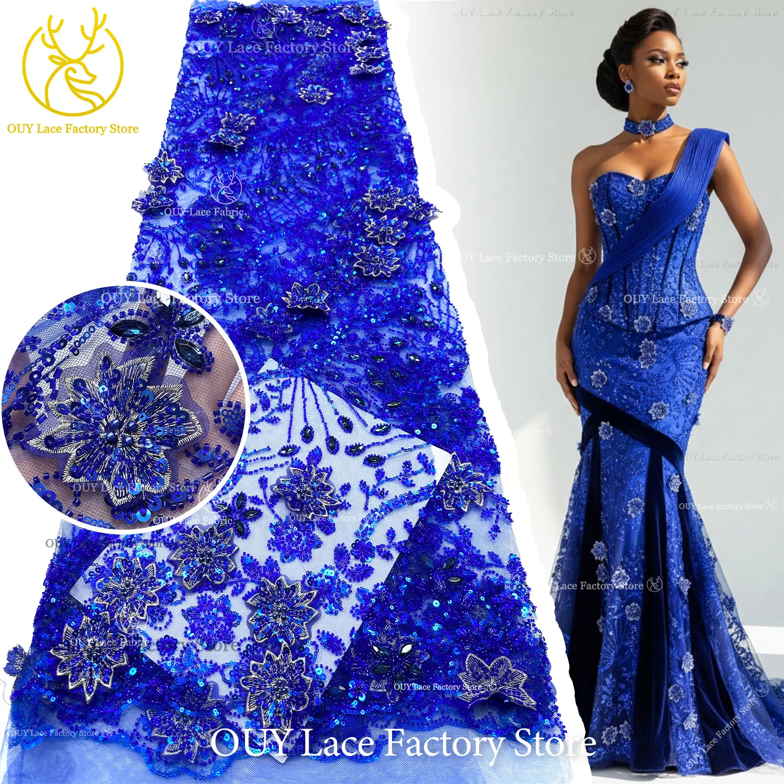 Luxury Royal Blue Sewing Wedding Lace Fabric African Beaded Sequins Lace Fabric Nigerian Embroidery Mesh Lace Wedding Dress