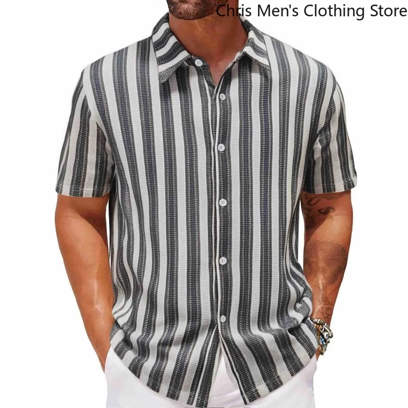 

Men's Striped Short-sleeved Shirt Business Casual Sun Protection Shirts Light and Breathable Vacation Style, Commuting Beachwear