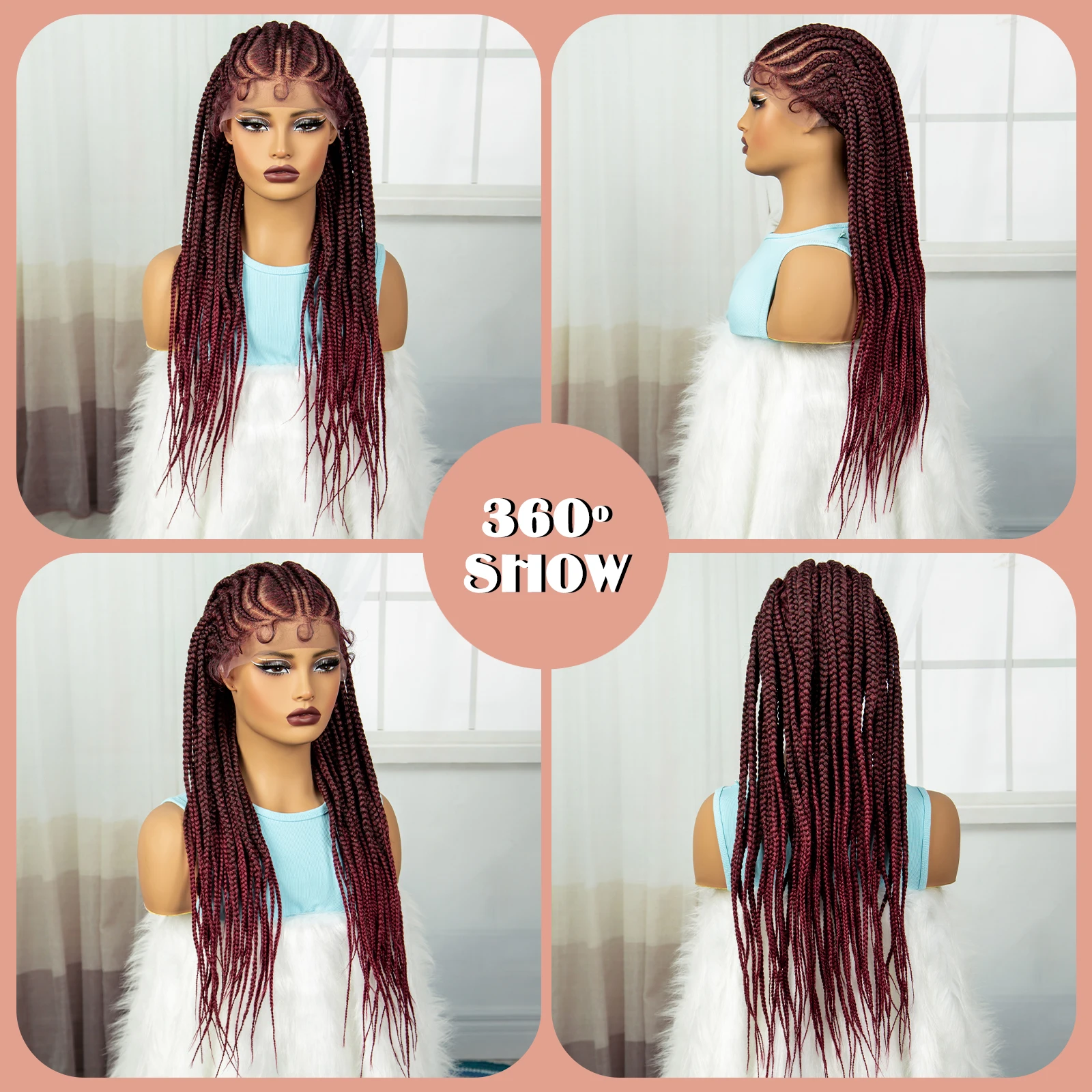 Synthetic Lace Front Braided Wigs Burgundy Knotless Braids Lace Frontal Wig for Black Women Corrow Braids Wig with Baby Hair