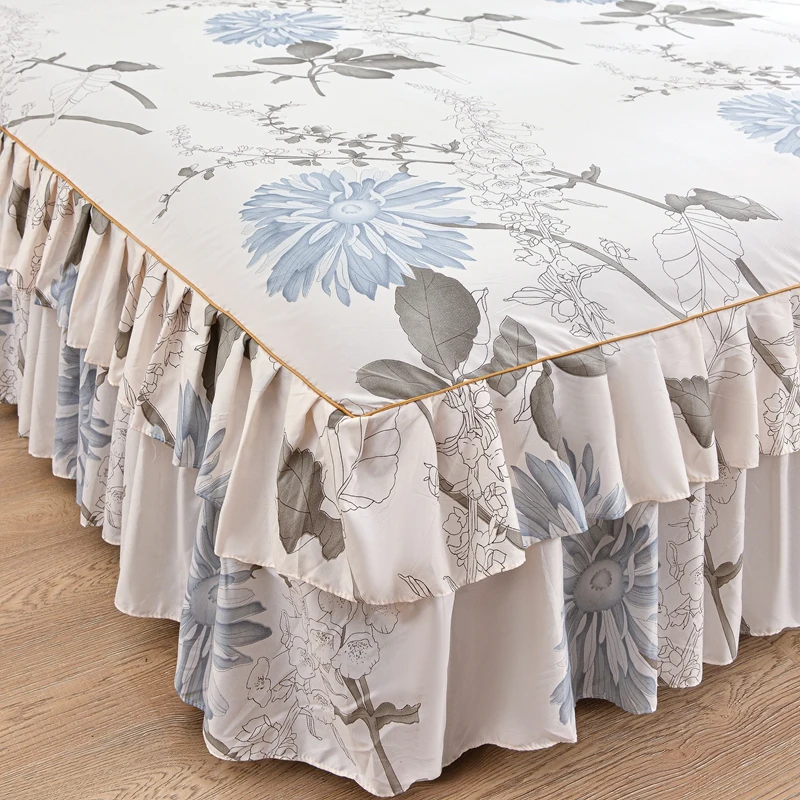 3pcs Plants Florals Bed Skirt Set Light Color Series Bed Cover for Girls Kids Bedroom Decoration Double Queen Bedding Bedspread