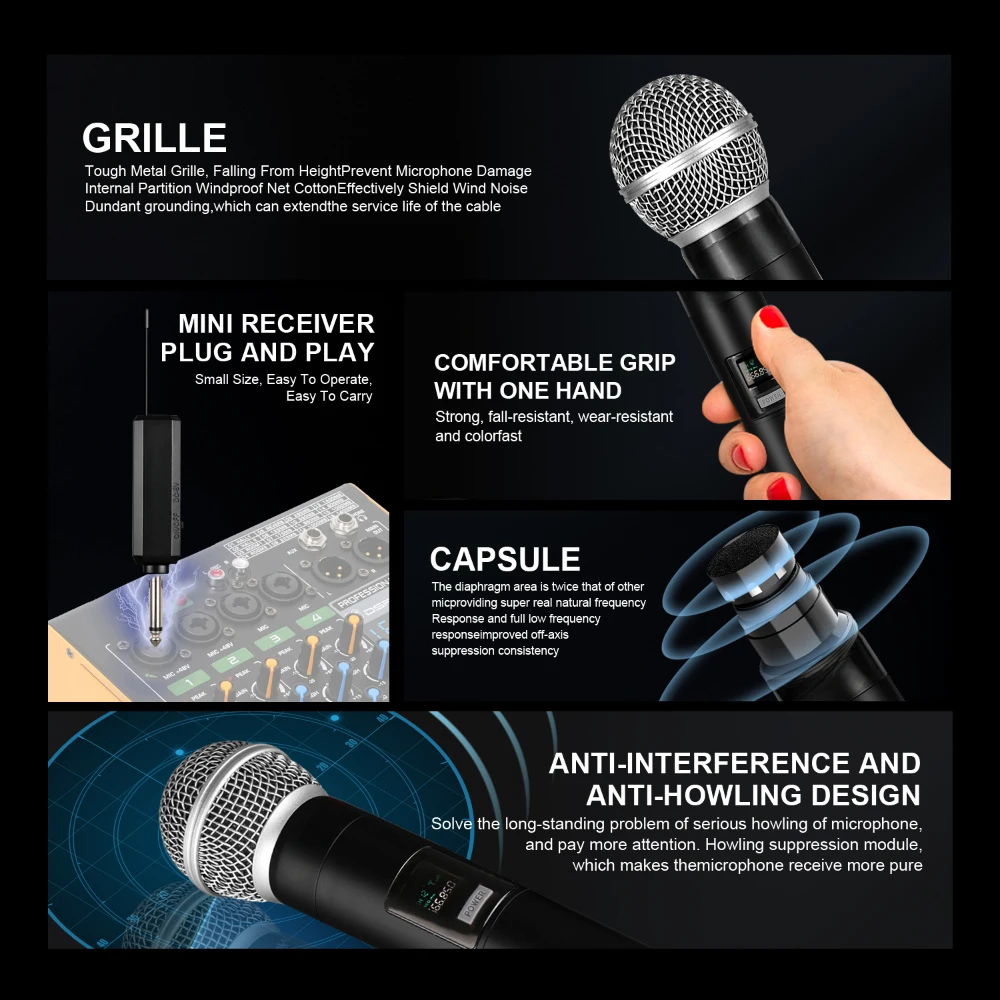 Wireless Microphone 2 Channels UHF Fixed Frequency Handheld Micphone for Party Karaoke Professional Church Show Meeting Hot Sale