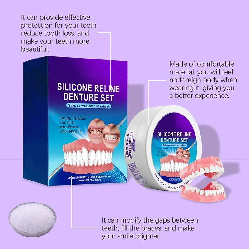 Conjunto de dentadura de silicone para dentes, ajuste confortável, conjunto de dentadura de silicone, hidratante, sorriso, cuidados com os dentes