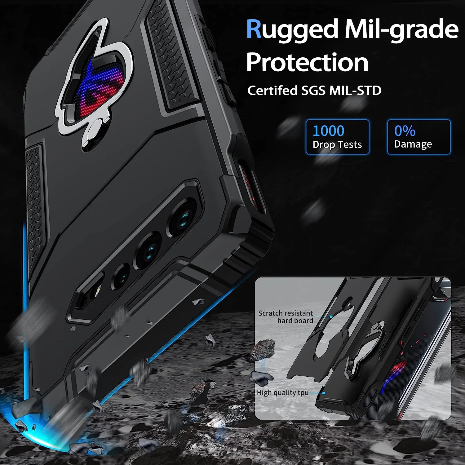 حافظة هاتف ROG 5 مقاومة للصدمات ASUS ROG 5/Pro/غطاء هاتف ألعاب فائق السرعة حماية من السقوط العسكرية من الكمبيوتر الصلب ممتص للصدمات من مادة البولي يوريثان الناعمة