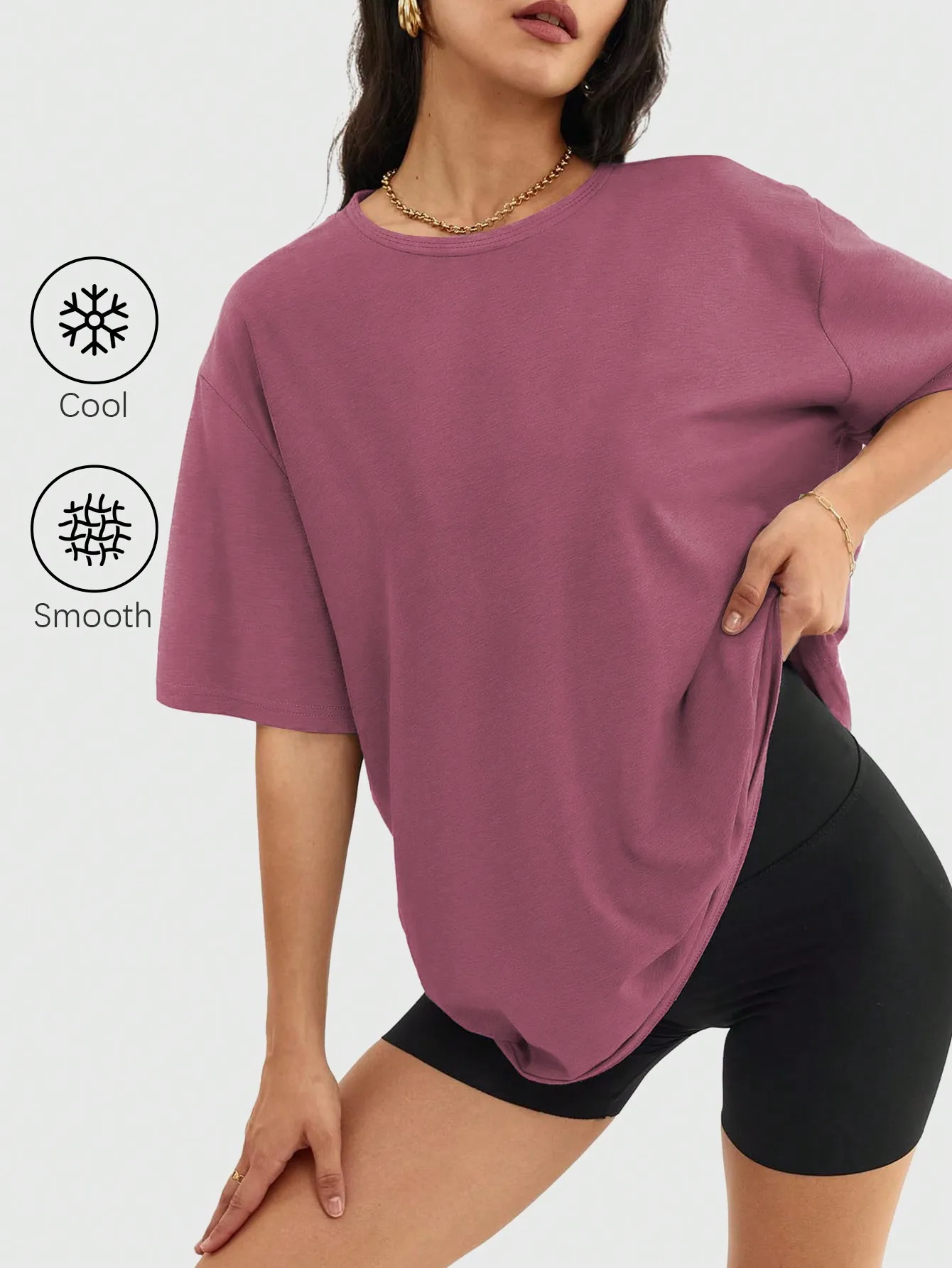 

Женская футболка оверсайз с круглым вырезом и коротким рукавом, из прохладной и гладкой ткани для летнего повседневного образа