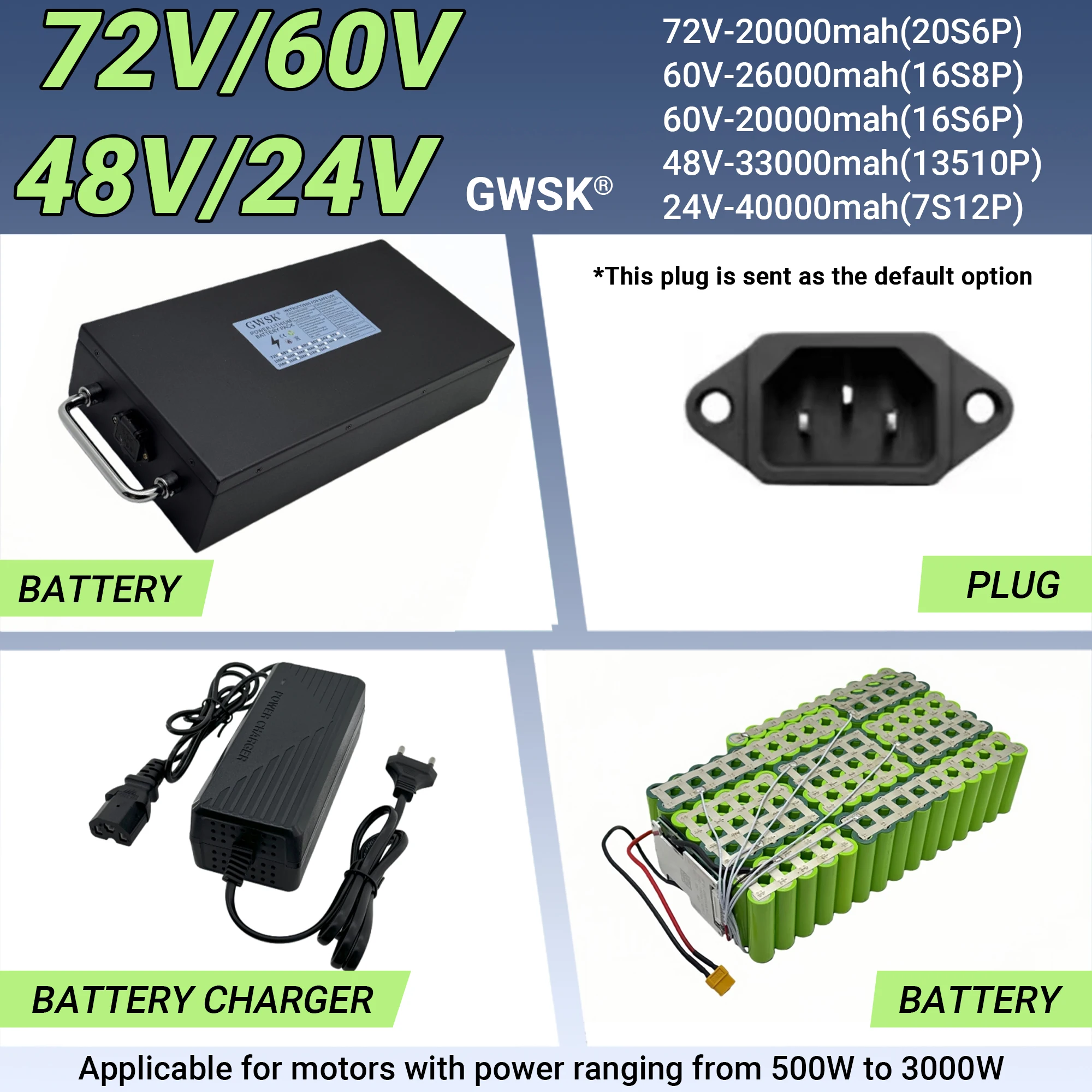 

Air transportation, brand new high-capacity 18650 lithium-ion battery, 72V/60V/48V/24V, suitable for motors below 3000W
