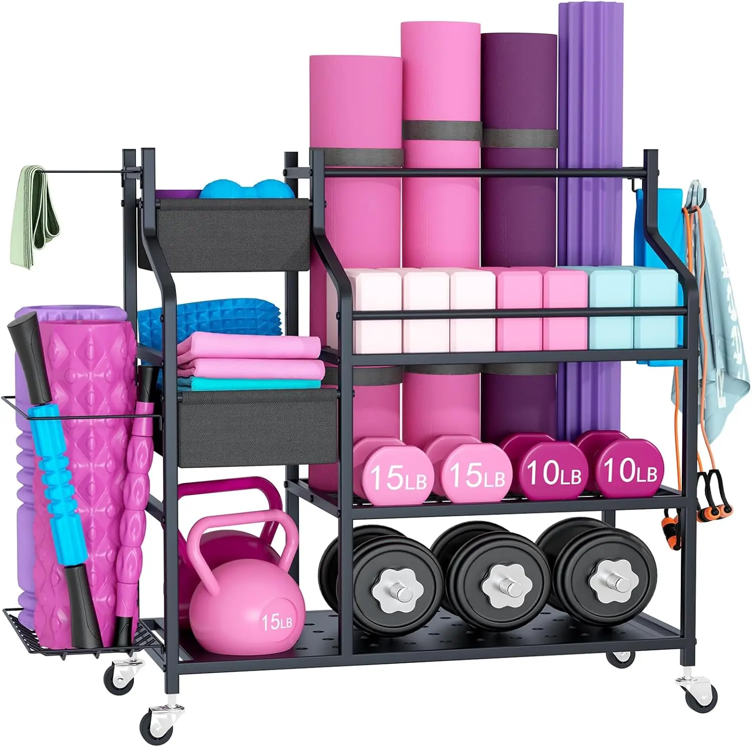 

Yoga Mat Rack Cart, Gym Multifunctional Removable Rack for Dumbbells Kettlebells Rope,Large Capacity Organizer Cart for Exerc