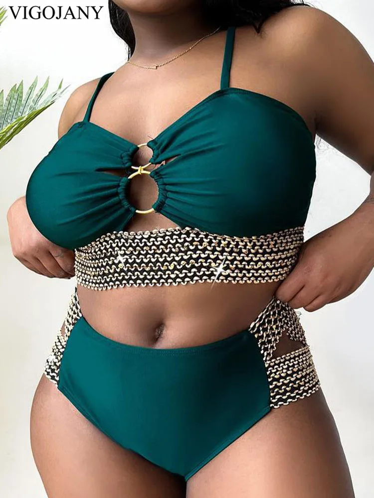 VigoJany 2024 Patchwork Hollow Two Piece Plus Size Bikini Women Strapped High Waist Swimsuit Brazilian Beach Lady Bathing Suit