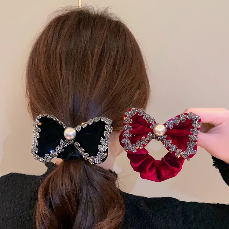 Autumn and Winter New Style Red Velvet Rhinestone Bowknot Big Intestine Hair Band Ponytail Rubber