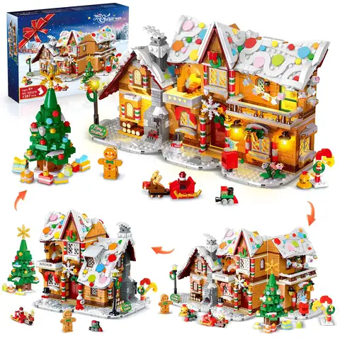 Hogokids 3 In 1 Christmas Gingerbread House Building Blocks Toy LED Light Up Snow House with Santa Xmas Tree Train for Adults Kids Christmas Gift Home Decoration