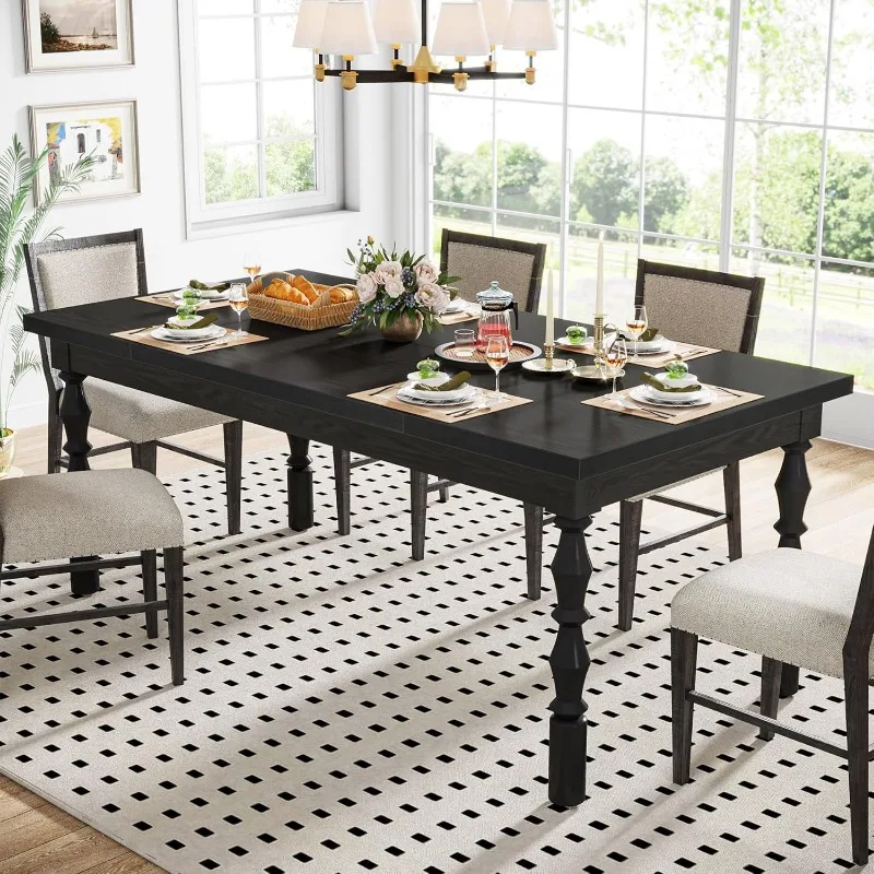 Wood Black Dining Table for 4-6 People, 62” Farmhouse Large Rectangle Kitchen Table, Modern Dinner Table Kitchen & Di