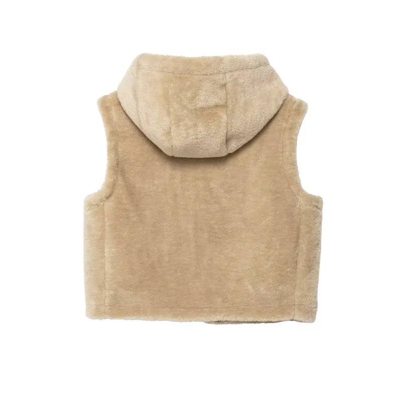 Hooded Faux Fur Vests Sleeveless Khaki Solid Single Breasted Furry Jackets Fluffy Stylish Warm Thick Plush Coats Faux Fox Luxury