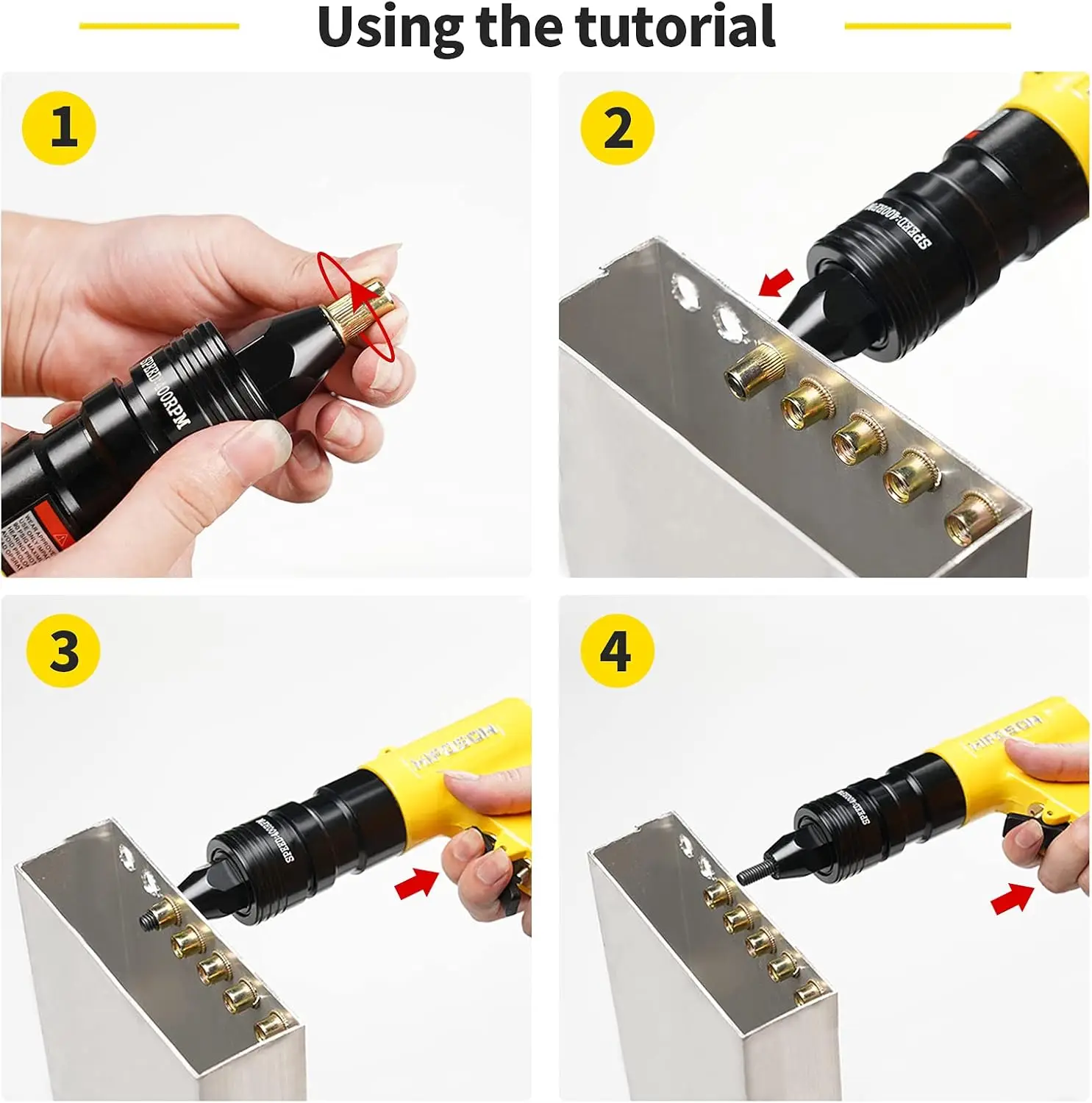 Pistola pneumática de porca de rebite com pistola de cabeça de travamento automático 1/4 e 5/16 e 3/8, mandris de troca rápida, ar de velocidade ajustável de grau industrial