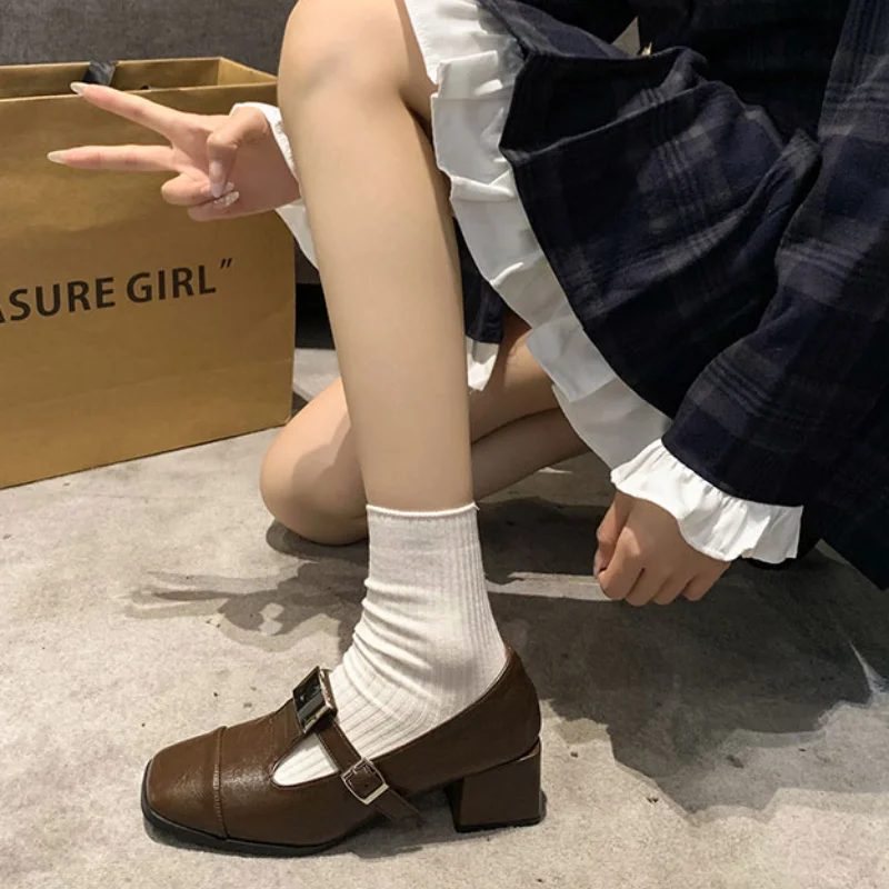 ساحة تو المرأة الضحلة ماري جينس أحذية منتصف الكعب مكتنزة أحذية من الجلد امرأة 2025 الاتجاه الخريف موضة أنيقة Mujer Zapatos #5