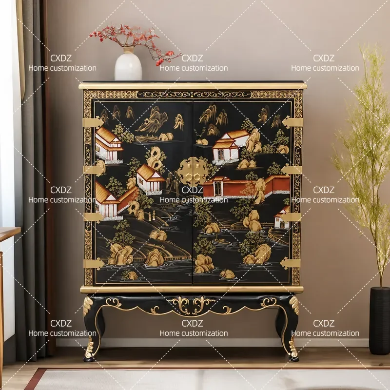 Chinese retro all-solid wood storage cabinet, locker, neoclassical hand-painted decorative cabinet, door shoe cabinet, wine