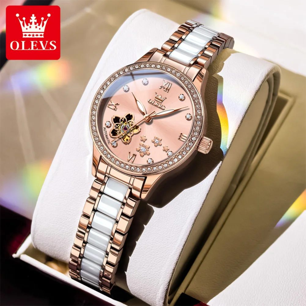 OLEVS 7074 Luxury Ladies' Watch Waterproof Luminous Skeleton Ceramic Strap Stainless steel Automatic Mechanical Watch Women