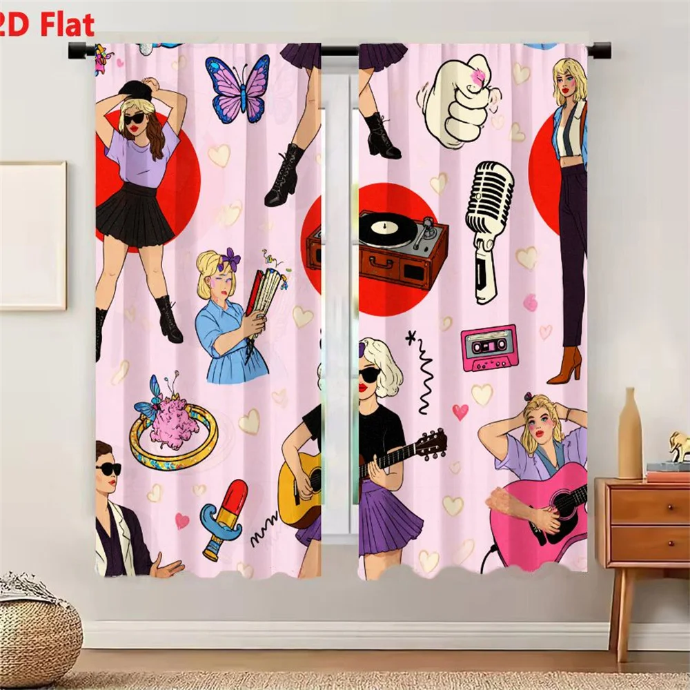 2Pcs Curtains 2D Flat Colorful Whimsical Retro Pop-Culture Illustration with Vintage Turntable & Musical Characters on Light Pin