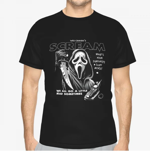 تي شيرت قطني عتيق للهاتف من Scream Ghostface، تي شيرت مطبوع عليه اقتباس فيلم رعب، قميص كلاسيكي بمروحة Slasher للرجال والنساء #1