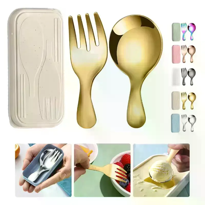 Stainless Steel Tableware Set Spoon Fork 2Pc Portable With Box Outdoor Camping Cutlery Lunch Hiking Camp Cooking Travel Flatware