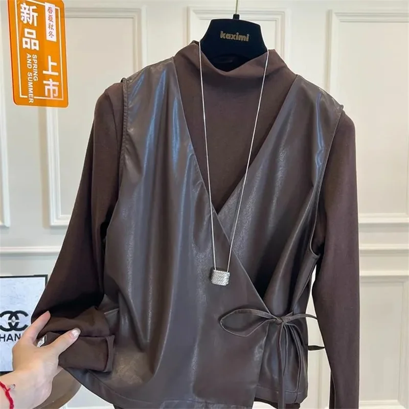 2026 Women's Leather Vest Spring Autumn New V-neck Sleeveless Camisole PU Leather Strap Fest fashion Loose Leather Jacket Coat