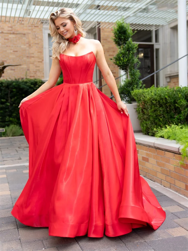 

Customized Strapless Neckline Satin A-Line Evening Dress Sexy Open Back Zipper With Bow Floor Length Sweep Train Gown For Women