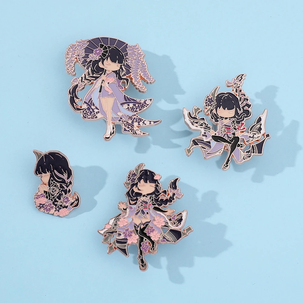 Genshin Impact Raiden Shogun Badge Cartoon Metal Brooch Decoration for Backpack Clothing Ornaments Christmas Gifts view 3