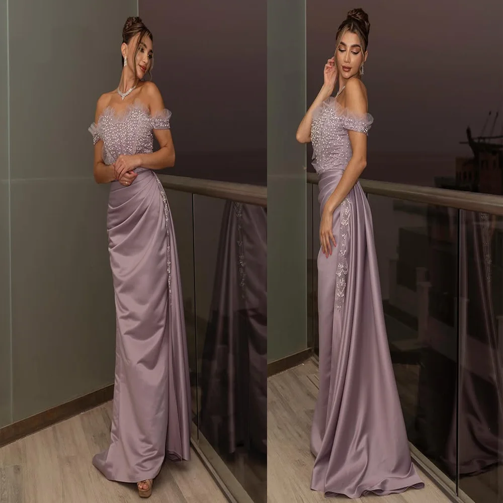 

Off Shoulder Satin Pleated Pearls Corset Evening Dress Sheath Backless Side Split Party Gown with Sweep Train Custom Made