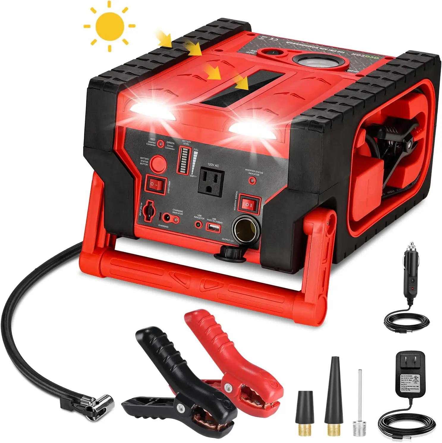

12V 2000A Solar Jump Starter, 20000mAh Power Station with 100PSI Air Pump, 400W Inverter, USB/AC Ports, LED Light