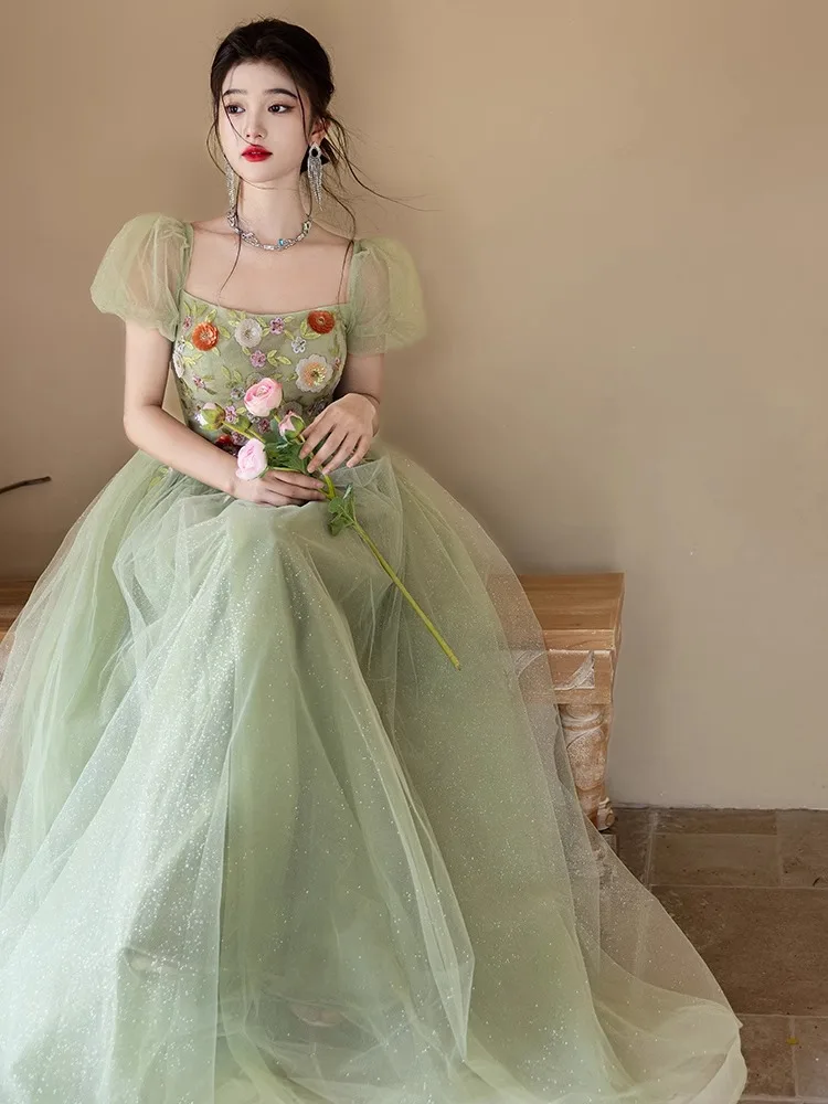 Zielona sukienka wieczorowa z kwadratowym dekoltem, lekka elegancja, krótkie rękawy, tiulowe sukienki na przyjęcia, eleganckie aplikacje, suknie na ceremonie dla dorosłych.
