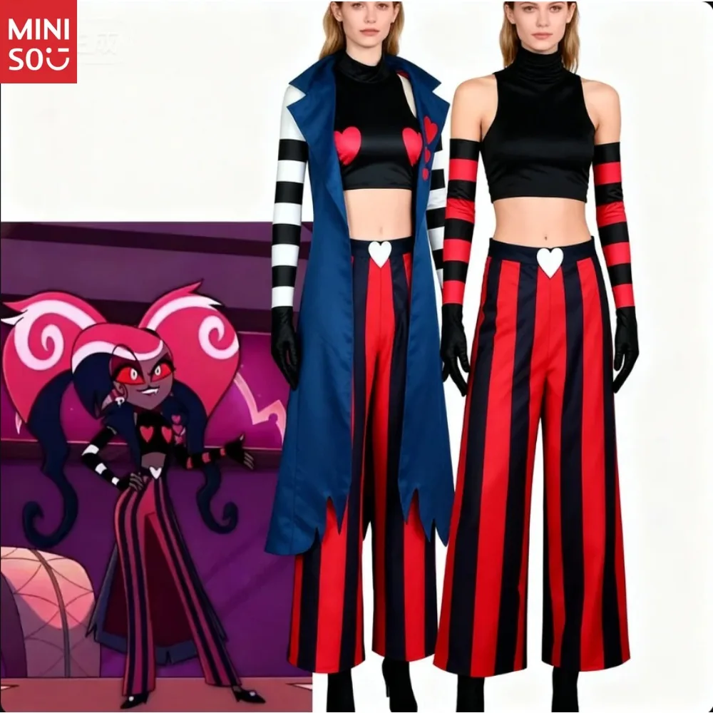 Set di costumi cosplay personaggio dei cartoni animati - Cappotto lungo alla moda con maniche a righe Hazbin Hotel Hell Inn Cos Costume cosplay in velluto