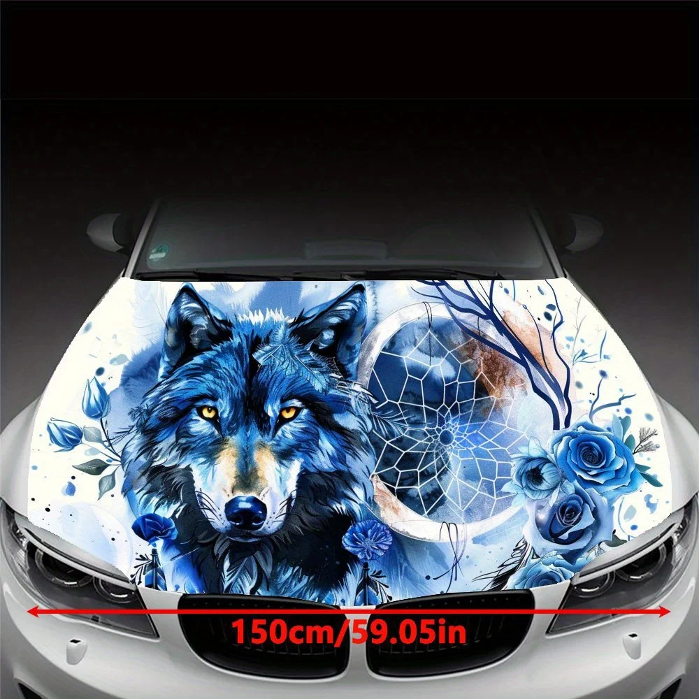 Wolf Dreamcatcher Net Blooming Blue Roses Car Hood Vinyl Wraps Sticker, Car Engine Decal, Waterproof Self-adhesive Car Packaging