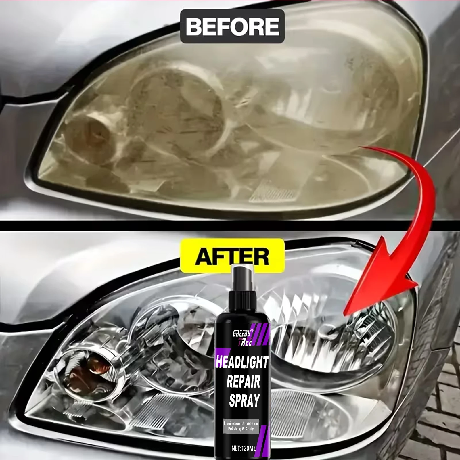4.05oz Ceramic Headlight Restoration Spray Kit - Instantly Removes Yellowing & Oxidation, Long-Lasting Gloss Coating, Wax-Free