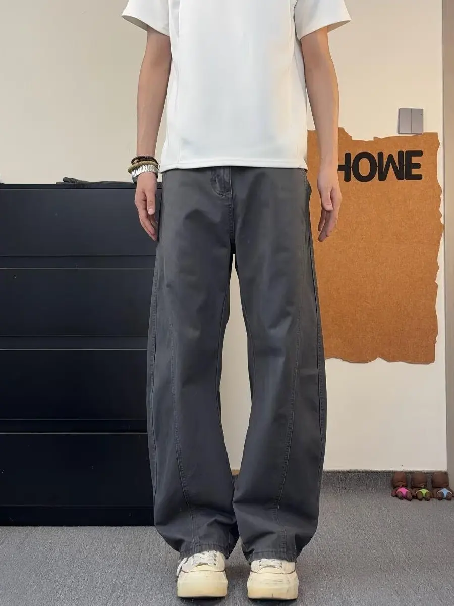 Men's Casual Wide Leg Cotton Pants Straight Cut Washed Pure Cotton Workwear Trousers Comfortable Loose Fit Autumn Wear