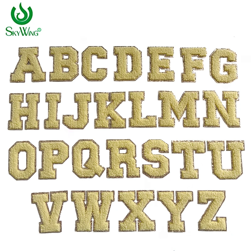 Chenille Embroidered Alphabet for DIY Towel, Gold Glitter Letter, Yellow Color, Self-adhesive Patches, Wholesale