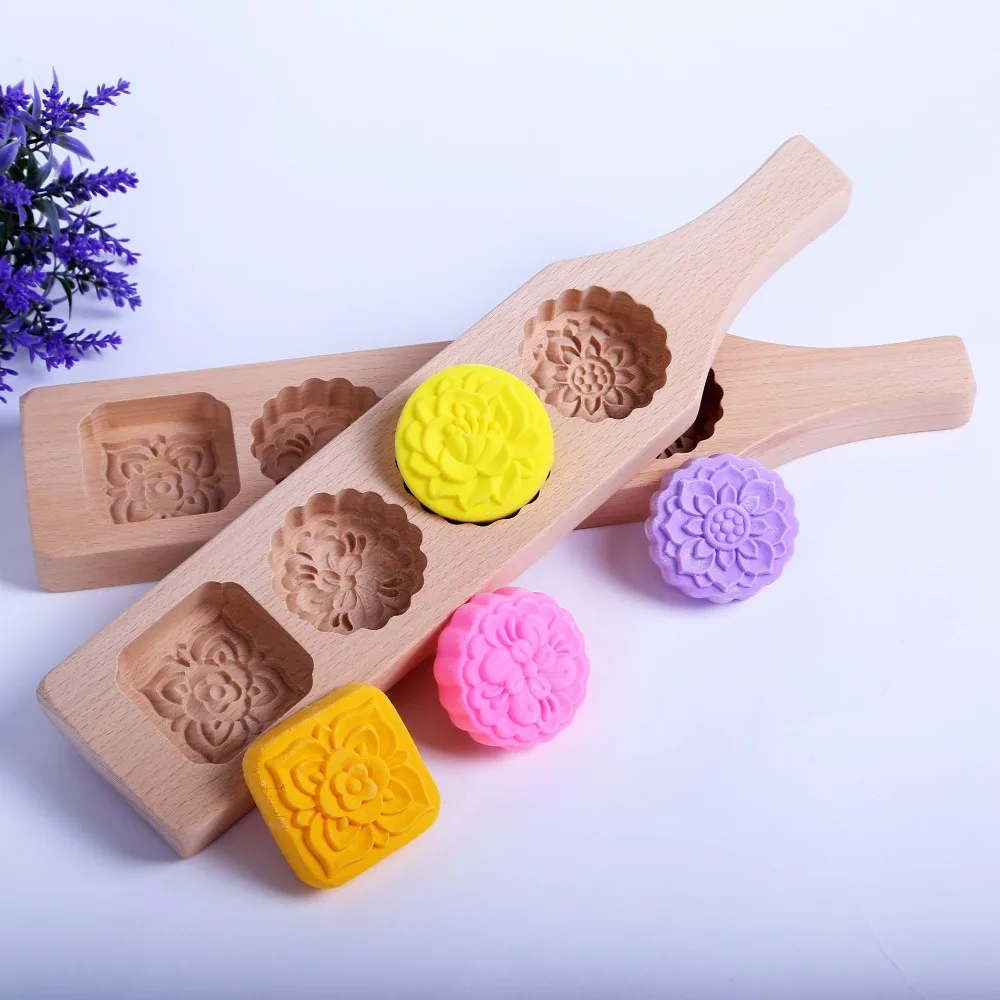 Biscuit Mold Flower Shaped Stamps Wooden Mooncake Mold 4 Girds Embossed Cookie Mold DIY Hand-Press Mung Bean Cake Mold Bakery