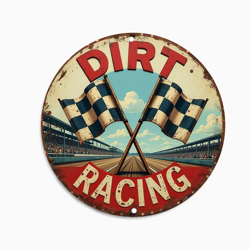 2D Flat - [2D Flat] 2D Plane, 2D Plane Printing 1pc of Metal Iron Sign 2D Racing Flag with Track Pattern, Retro Round Metal Tin