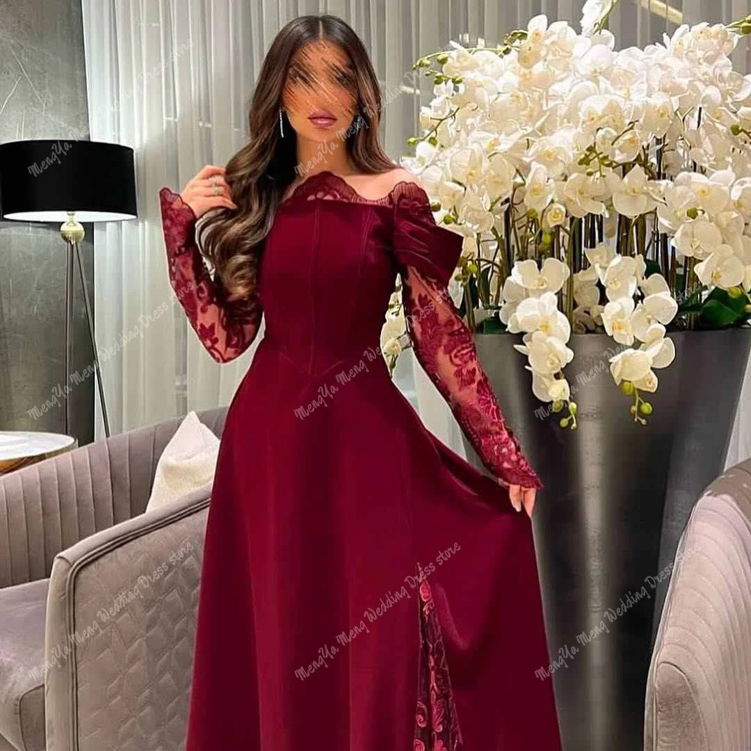 ZHUISHU Exquisite Off the Shoulder Burgundy Lace Evening Dresses Delicate Long Sleeves Party Dress Cocktail Dress Customized