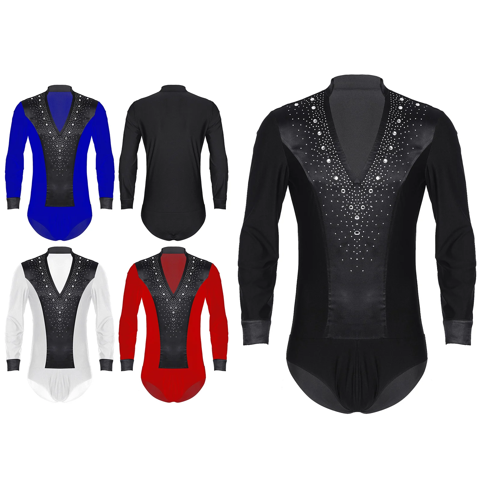 Men's Shiny Rhinestone V Neck Latin Dance Leotard Modern Jazz Rumba Chacha Ballroom Shirts Suit Competition Uniform