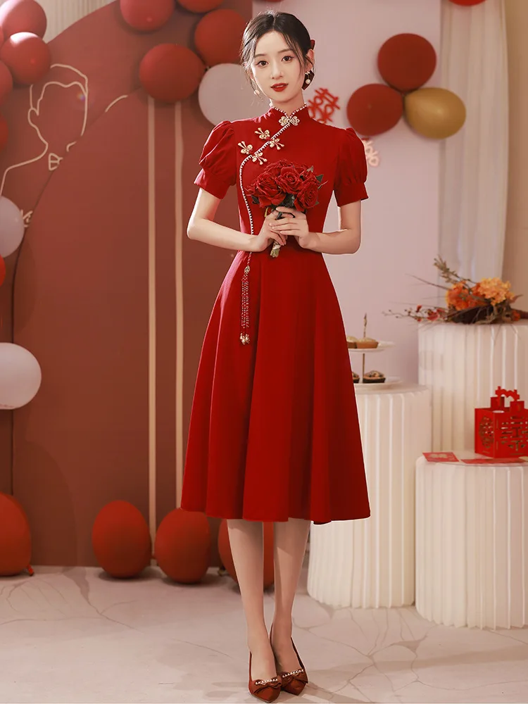 Cheongsam Toast Clothing Wine Red Chinese Style Wedding Dress Women Summer Small Mid-length Section Qipao Engagement Dress 2023