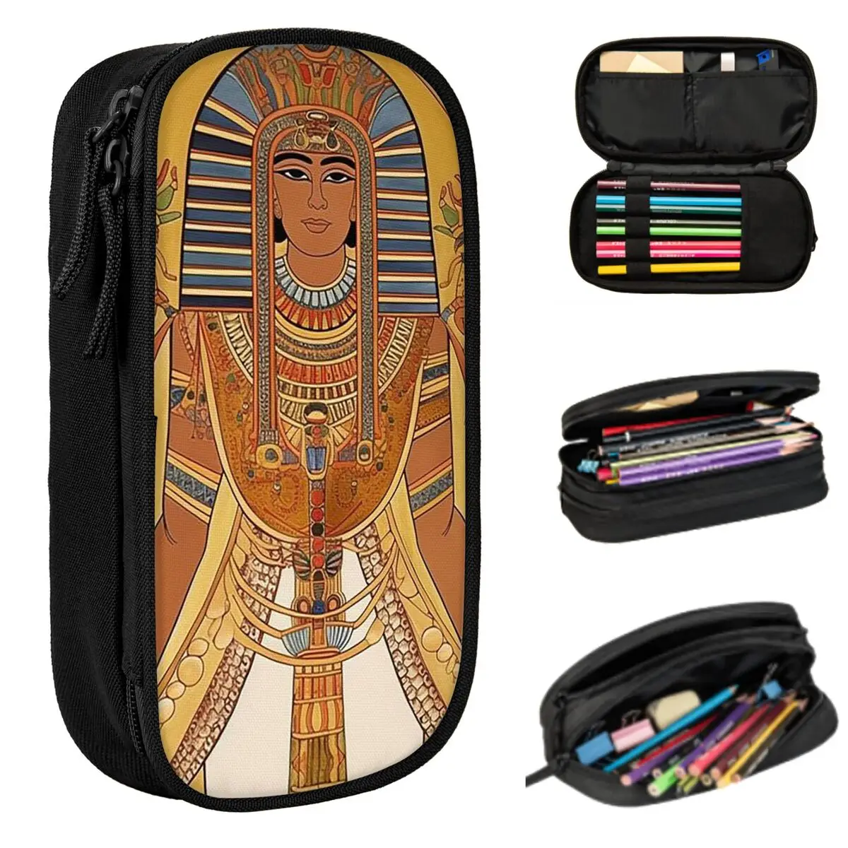 Egyptian Pharaoh With Golden Crown Illustration Pencil Case for Boys Girls School Pen Box Pencil Bag Stationery Pen Holder Bag