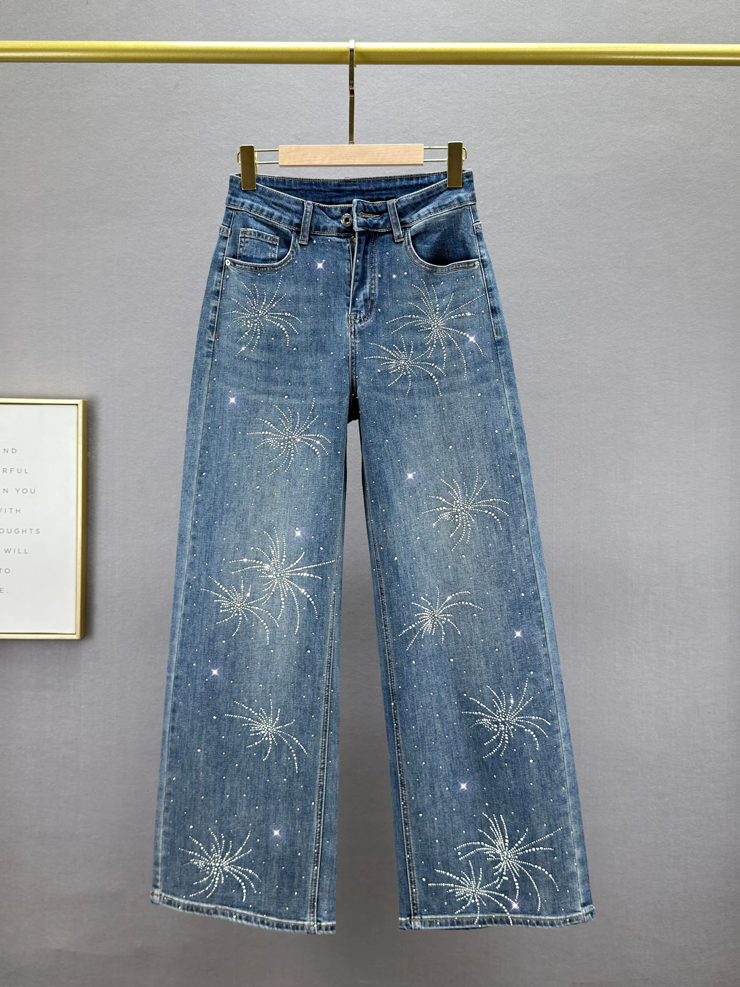 

Retro High Waist Wide Leg Jeans Women's Spring New Loose Slimming Long Diamond Heat Transfer Cotton Elastic Denim Blue