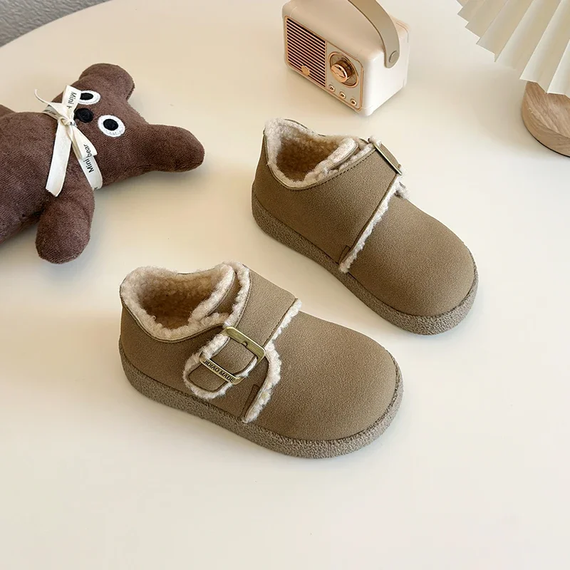 Children's cotton-padded shoes Lambswool Flats Plush Warm Kids Shoes Winter Faux Suede Oxford  Fur Girls T Strap Shoes