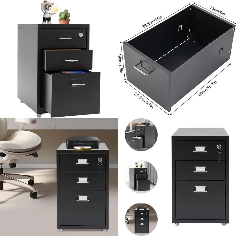 

Black Metal 3-Drawer Mobile File Cabinet with Lock, 11 x 16 x 18.3 - Office Storage for Files and Documents