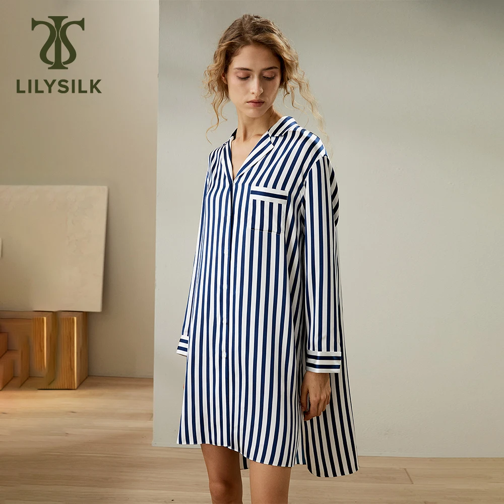 

LILYSILK Silk Stripe Nightshirt for Women 19 Momme Laple Collar Pocket Design Night Dress for Lady Sleepwear New Free Shipping