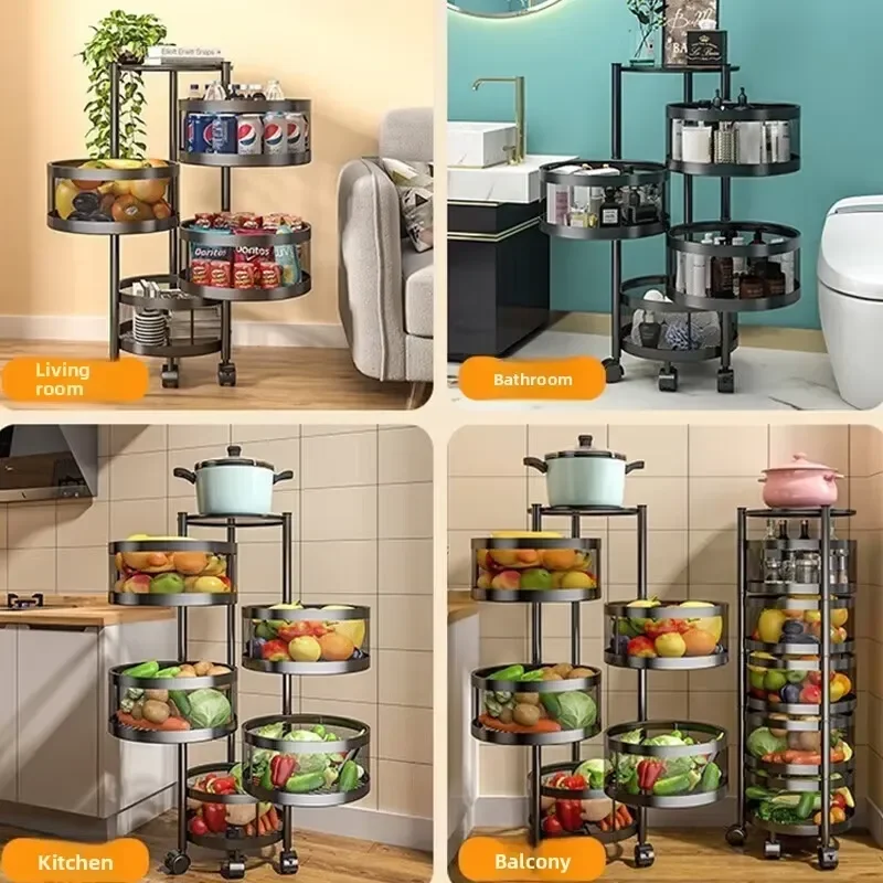 Rotary Carbon Steel Storage Rack Foldable Multifunctional Snack Vegetable Basket Floor to Ceiling Multi Layer Organizer