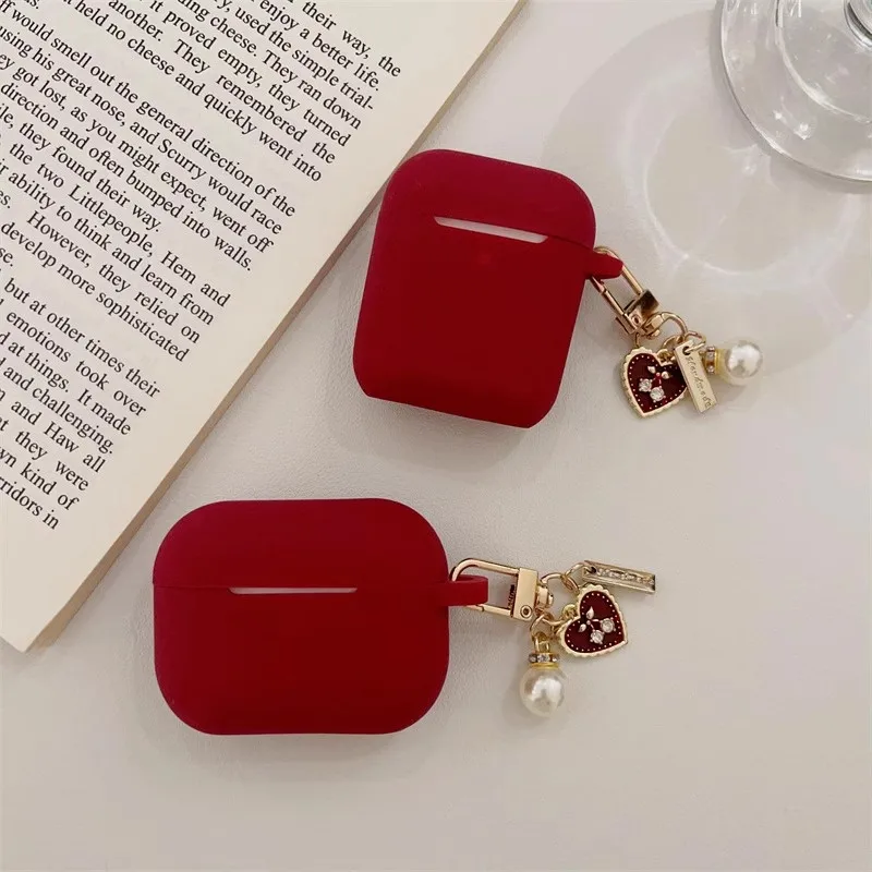 Apple Airpods,イヤホン,素敵なワインレッド,シリコン,ヘッドセットボックス,Airpods Pro 2,1,2,3,4用のビンテージラブハートキーホルダー